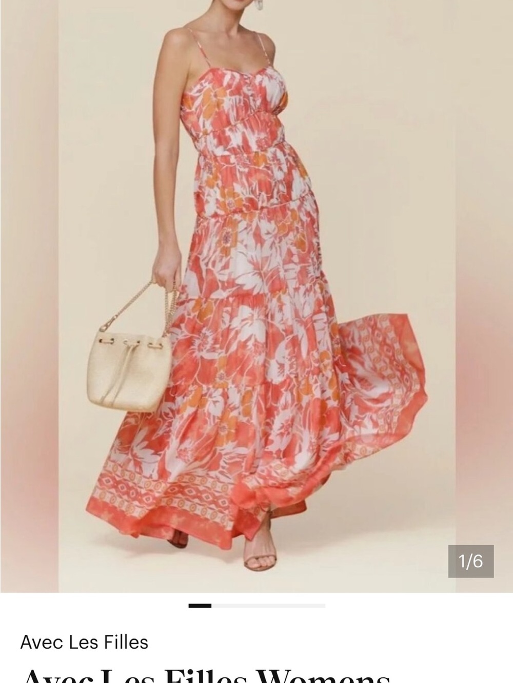 Avec Les Filles Coral and White Floral Spaghetti-Strap Maxi Dress